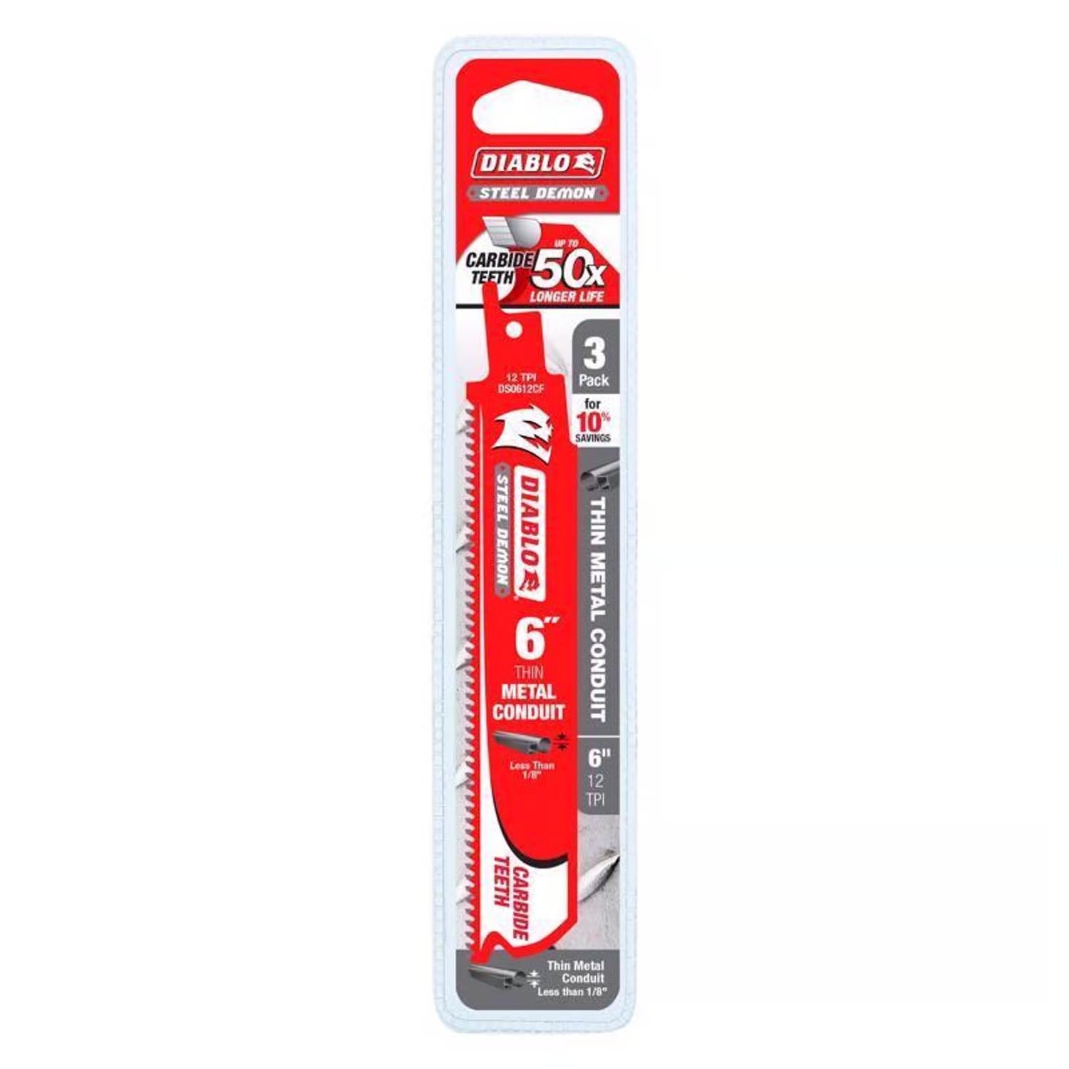 DIABLO TOOLS DS0612CF3 6" 12TPI Steel Demon™ Carbide Teeth Reciprocating Saw Blades for Thin Metal Conduit (3-pk)