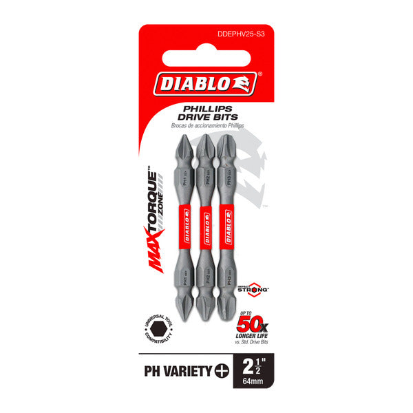 DIABLO TOOLS DDEPHV25-S3 2-1/2" Double-Ended Phillips Drive Bit Set (3-pc)