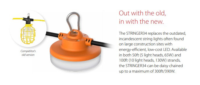 RAB STRING34-100 LED TEMP STRING LIGHT 100FT W/2-PRONG PLUG 130W16000Lm 50K 120V
