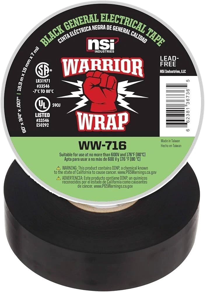 NSI WARRIOR WRAP WW-716 General Use Black Vinyl Electrical Tape, 7mil, 60ft Long